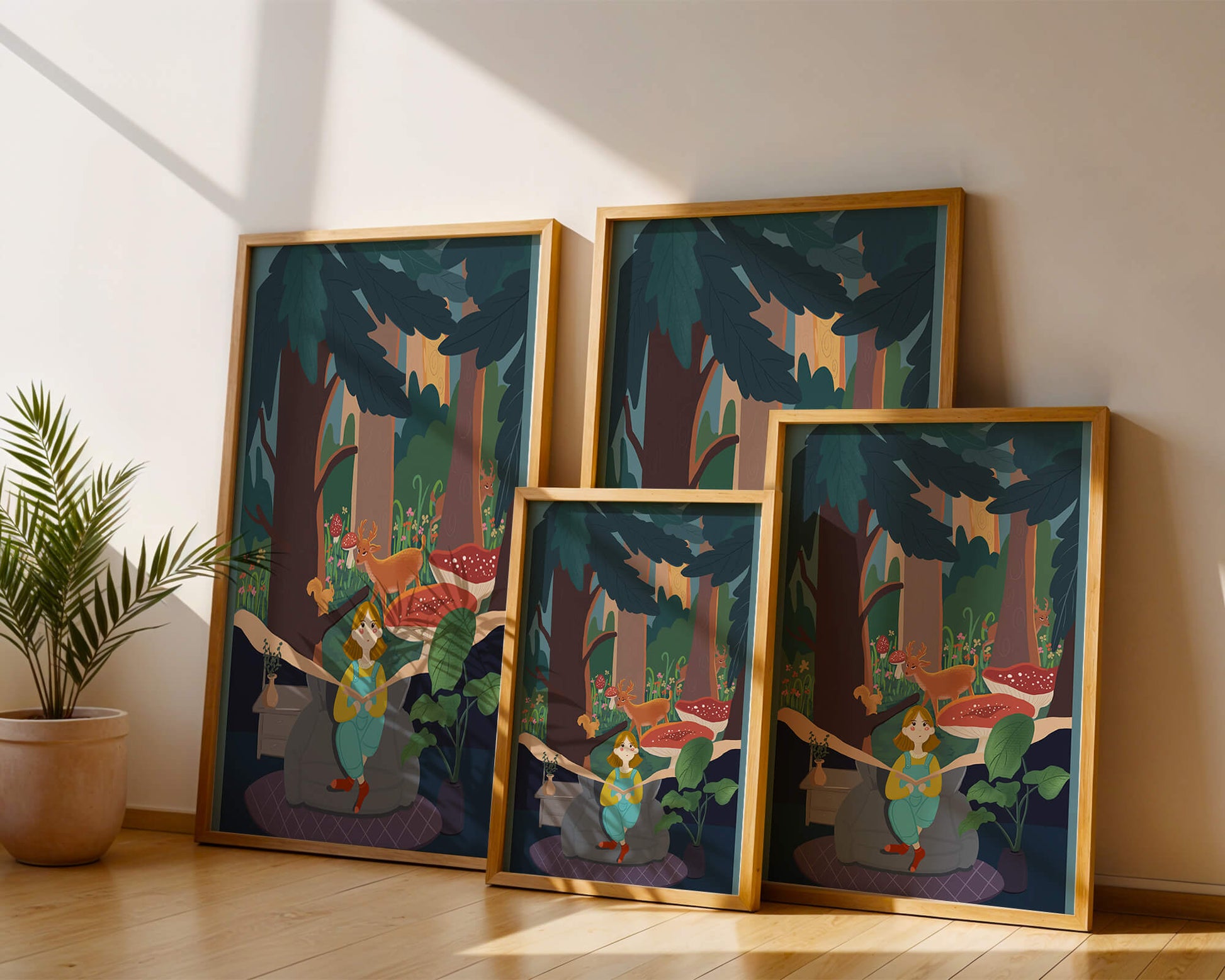 Figura femenina pacífica con criaturas del bosque y vegetación verde exuberante