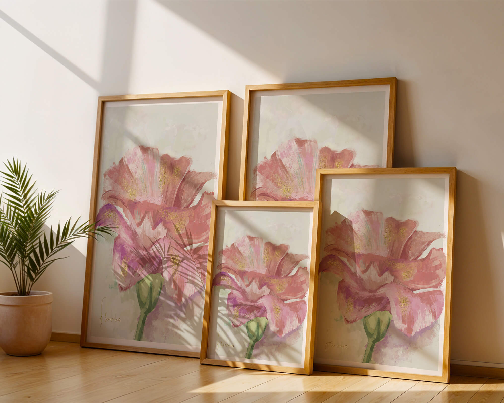 Vibrant pink flower with golden accents in abstract style
