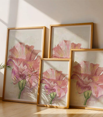 Vibrant pink flower with golden accents in abstract style