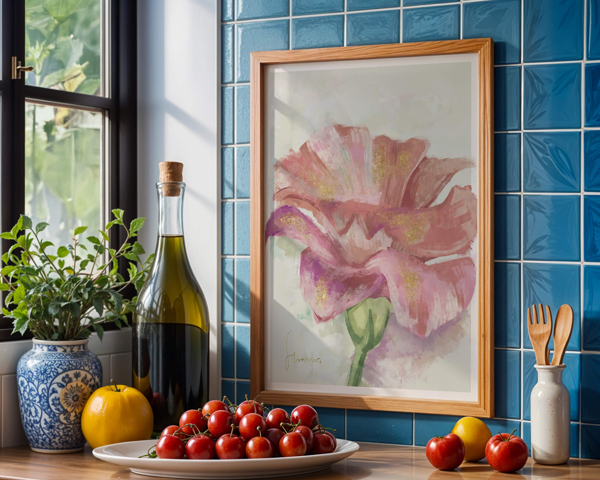 Vibrant pink flower with golden accents in abstract style