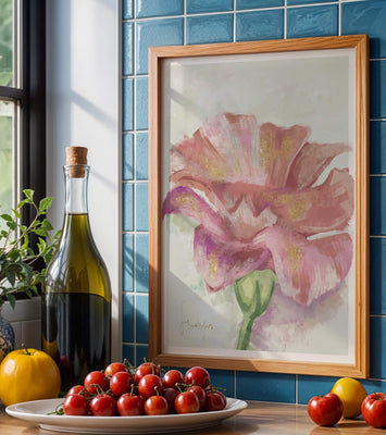 Vibrant pink flower with golden accents in abstract style