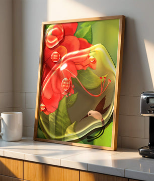 Vibrant floral illustration with hummingbird and lush greenery