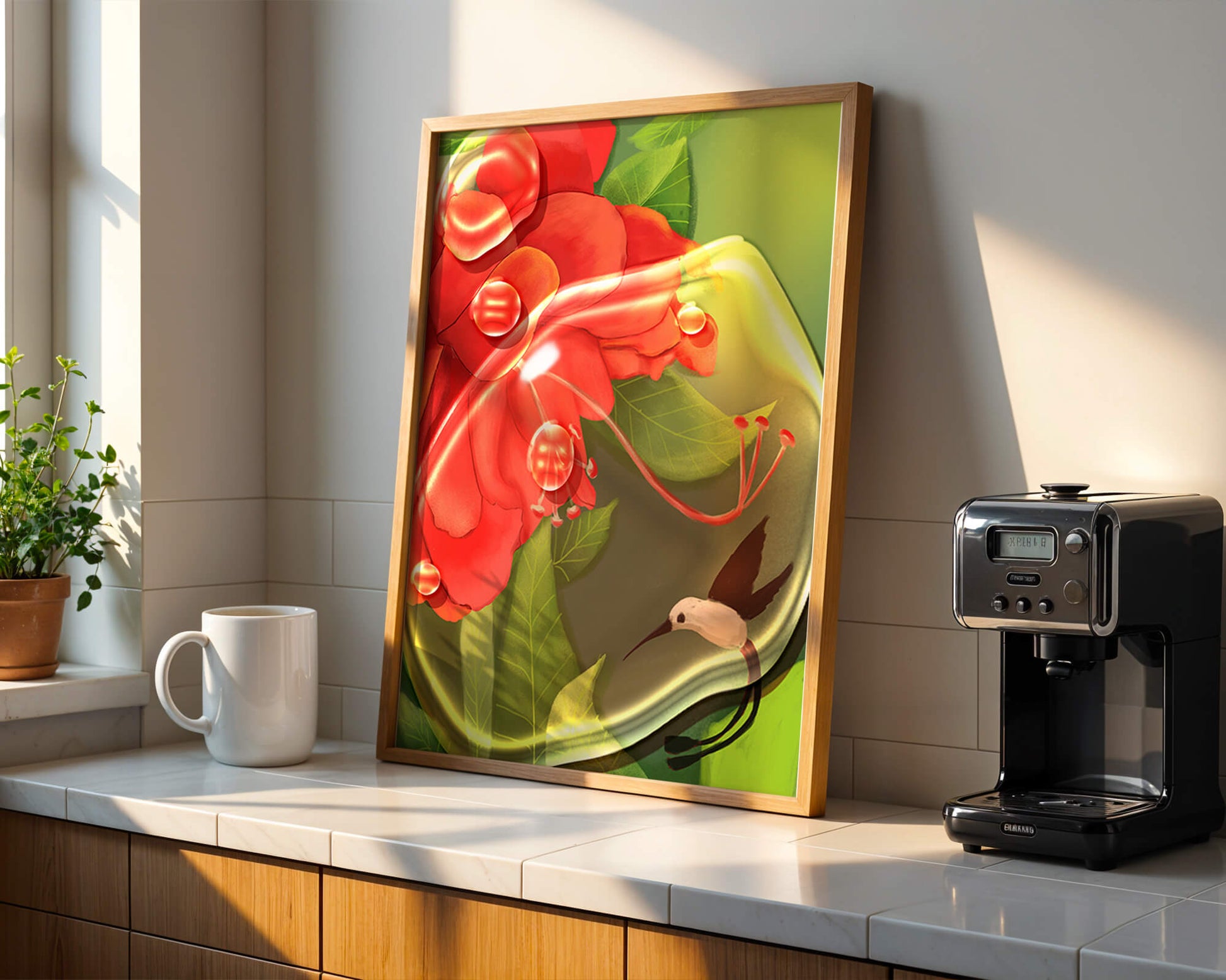 Vibrant floral illustration with hummingbird and lush greenery