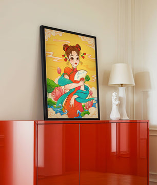Ilustración oriental que presenta a una chica con atuendo tradicional, un abanico y flores de loto