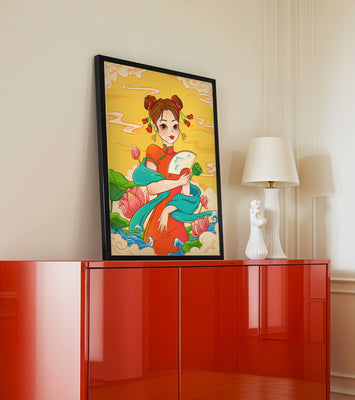Oriental illustration featuring a girl in traditional attire with a fan and lotus flowers
