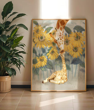 Pintura acuarela de jirafas y girasoles en una escena tierna de una familia de jirafas