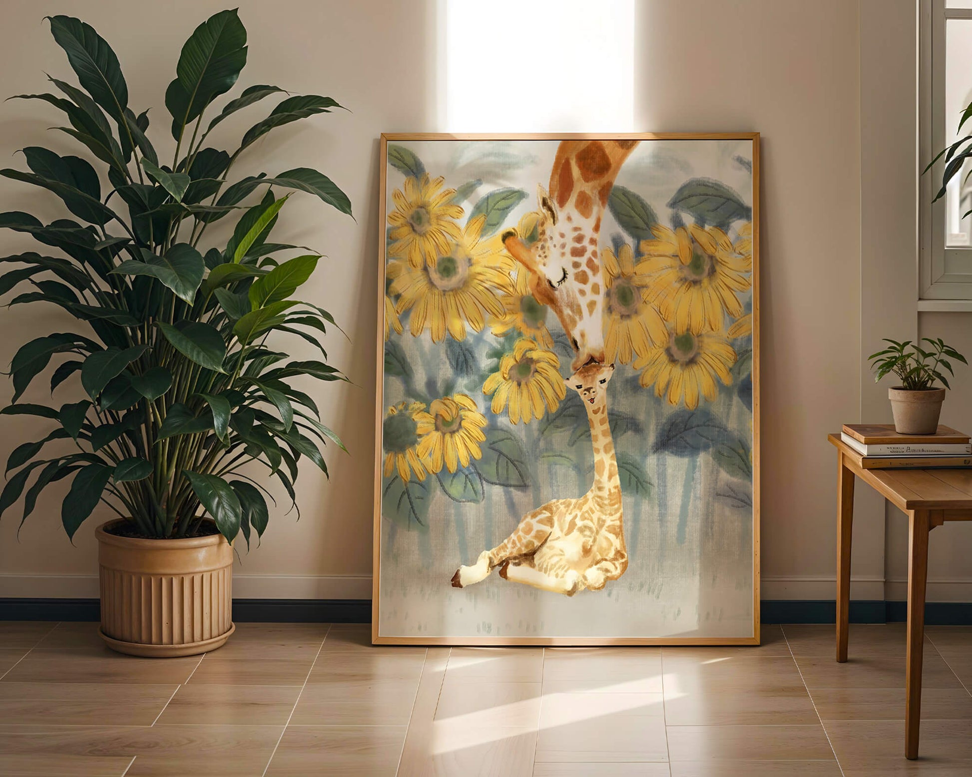 Giraffe and sunflowers watercolor painting of tender giraffe family scene