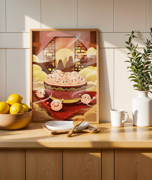 Dumplings de dibujos animados encantadores en un cuenco decorativo en medio de la niebla