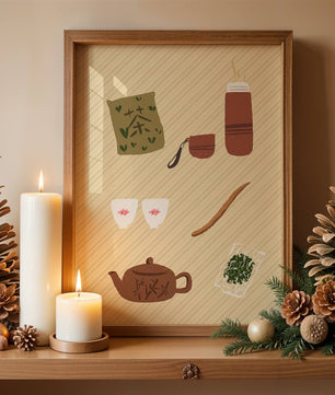 Illustración de un juego de té tradicional con hojas de té y accesorios