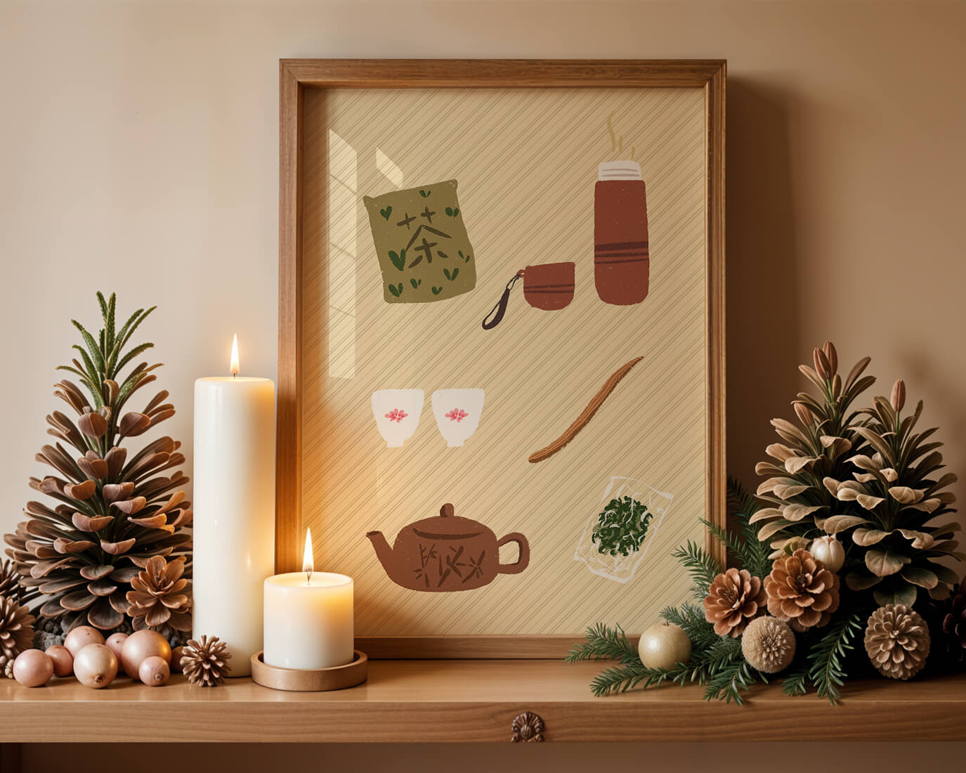 Illustración de un juego de té tradicional con hojas de té y accesorios