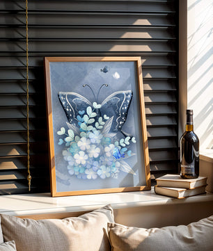 Elegant butterfly with blue floral arrangement artwork