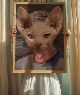 Painted portrait of a sphynx cat wearing a casual cap