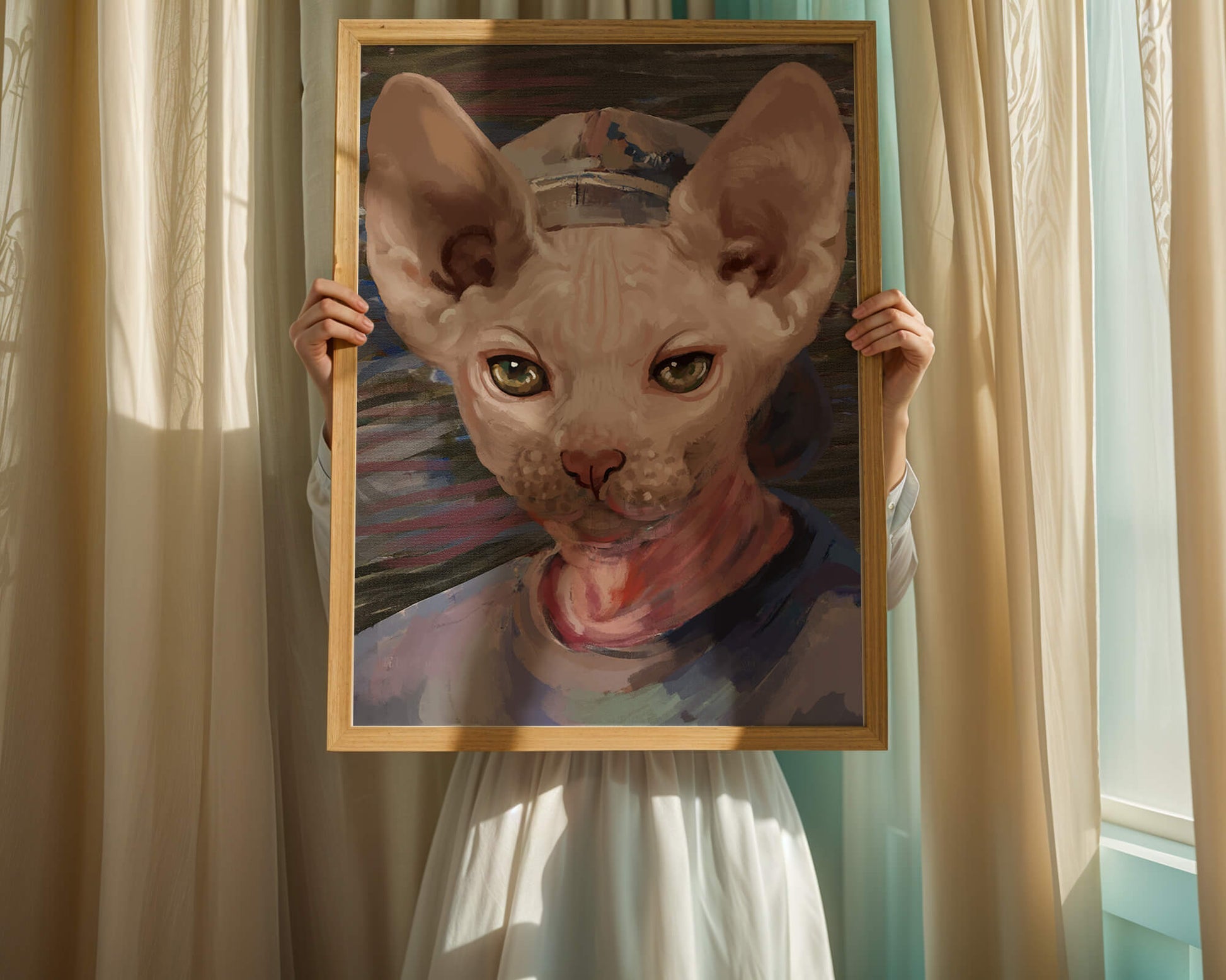 Painted portrait of a sphynx cat wearing a casual cap
