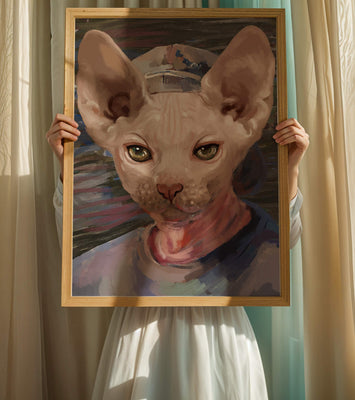 Painted portrait of a sphynx cat wearing a casual cap