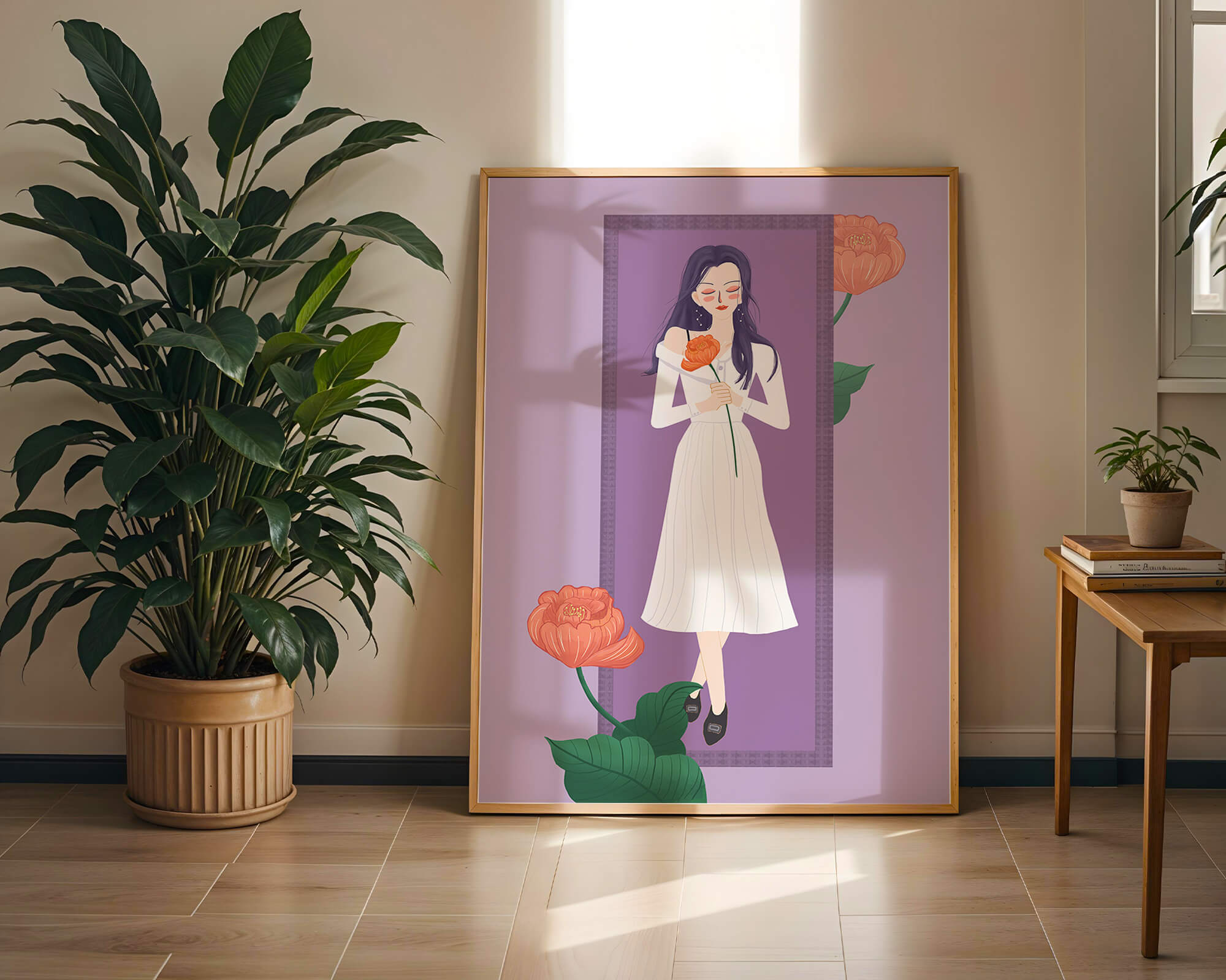 Illustration of a woman holding a flower in a serene pose