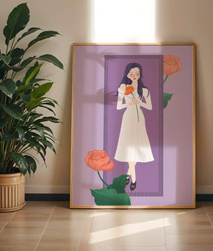 Illustration of a woman holding a flower in a serene pose