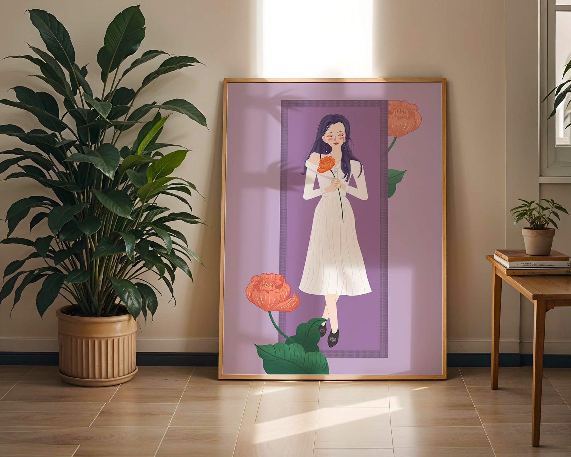 Illustration of a woman holding a flower in a serene pose