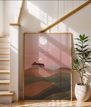 House On Pink Hill Under Full Moon