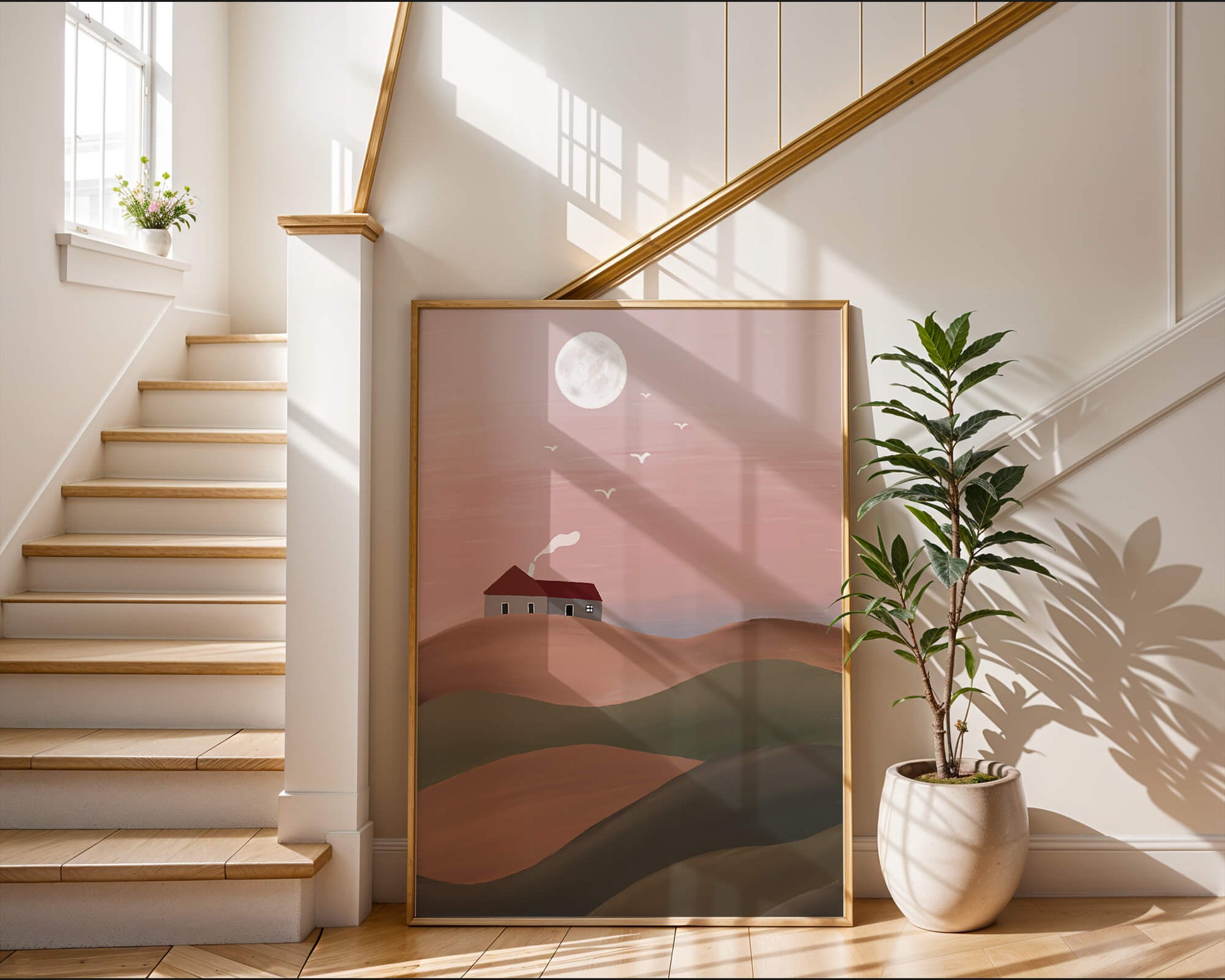 Casa en una colina rosa bajo la luna llena