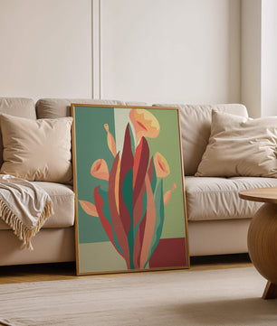 Abstract floral illustration with bold colors and geometric background
