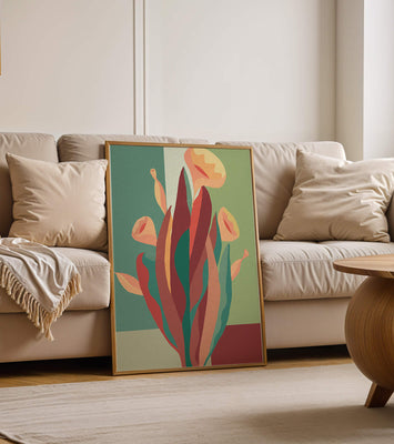 Abstract floral illustration with bold colors and geometric background