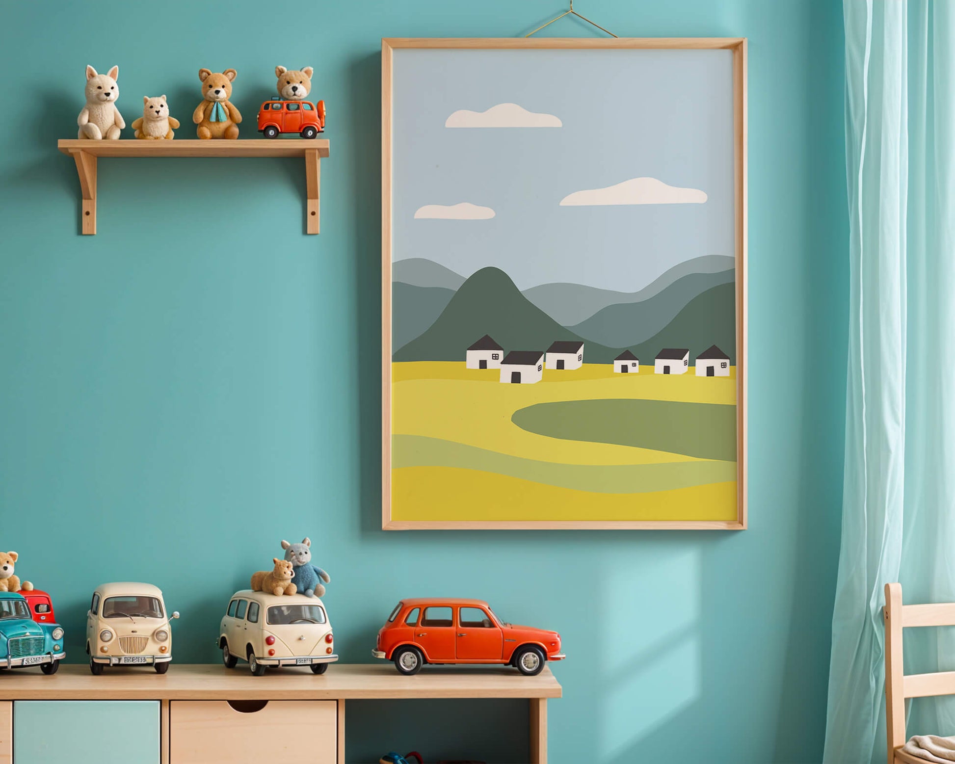 Pastoral Landscape with Mountains and Houses Under Blue Sky