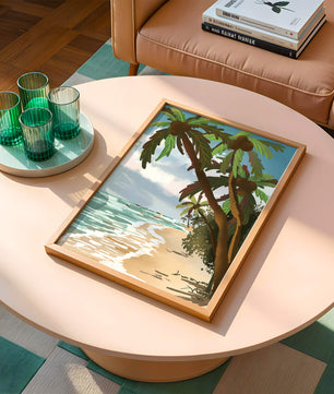 Tranquil Beach Scene with Palm Trees and Sailboats