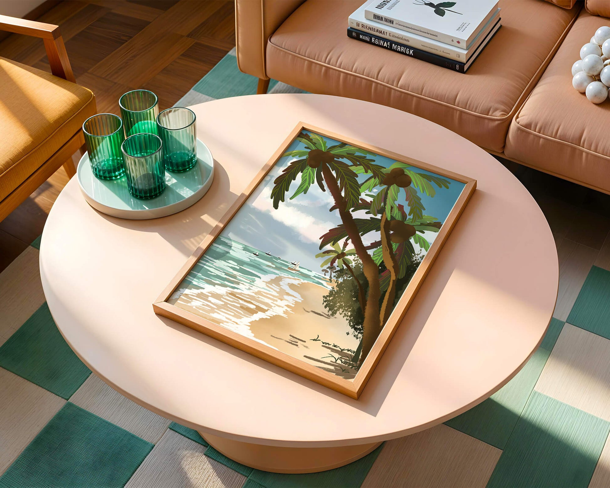 Tranquil Beach Scene with Palm Trees and Sailboats