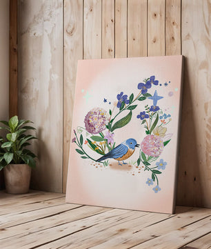 Delightful illustration of a bird amidst colorful flowers on a soft pink background