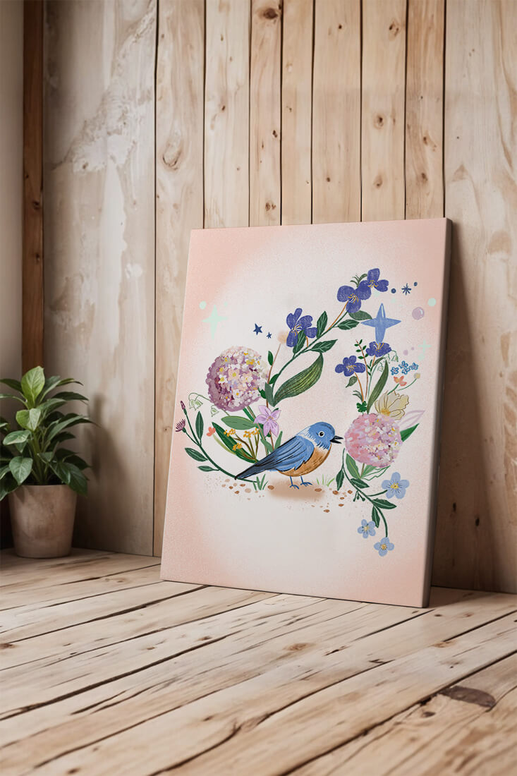 Delightful illustration of a bird amidst colorful flowers on a soft pink background