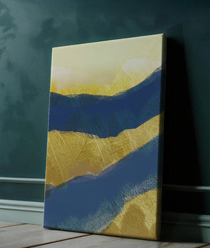 Paisaje abstracto con capas texturizadas en azul y amarillo