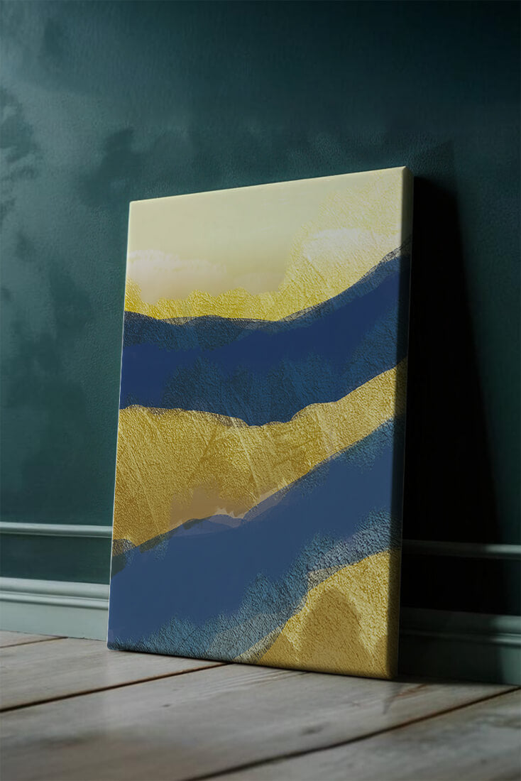 Abstract landscape with blue and yellow textured layers