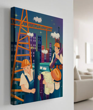 Illustrated construction workers on a high-rise building site