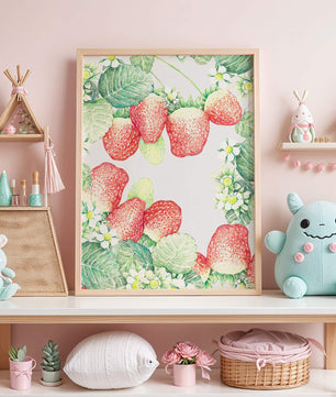 Ilustración de fresas y flores con hojas verdes exuberantes