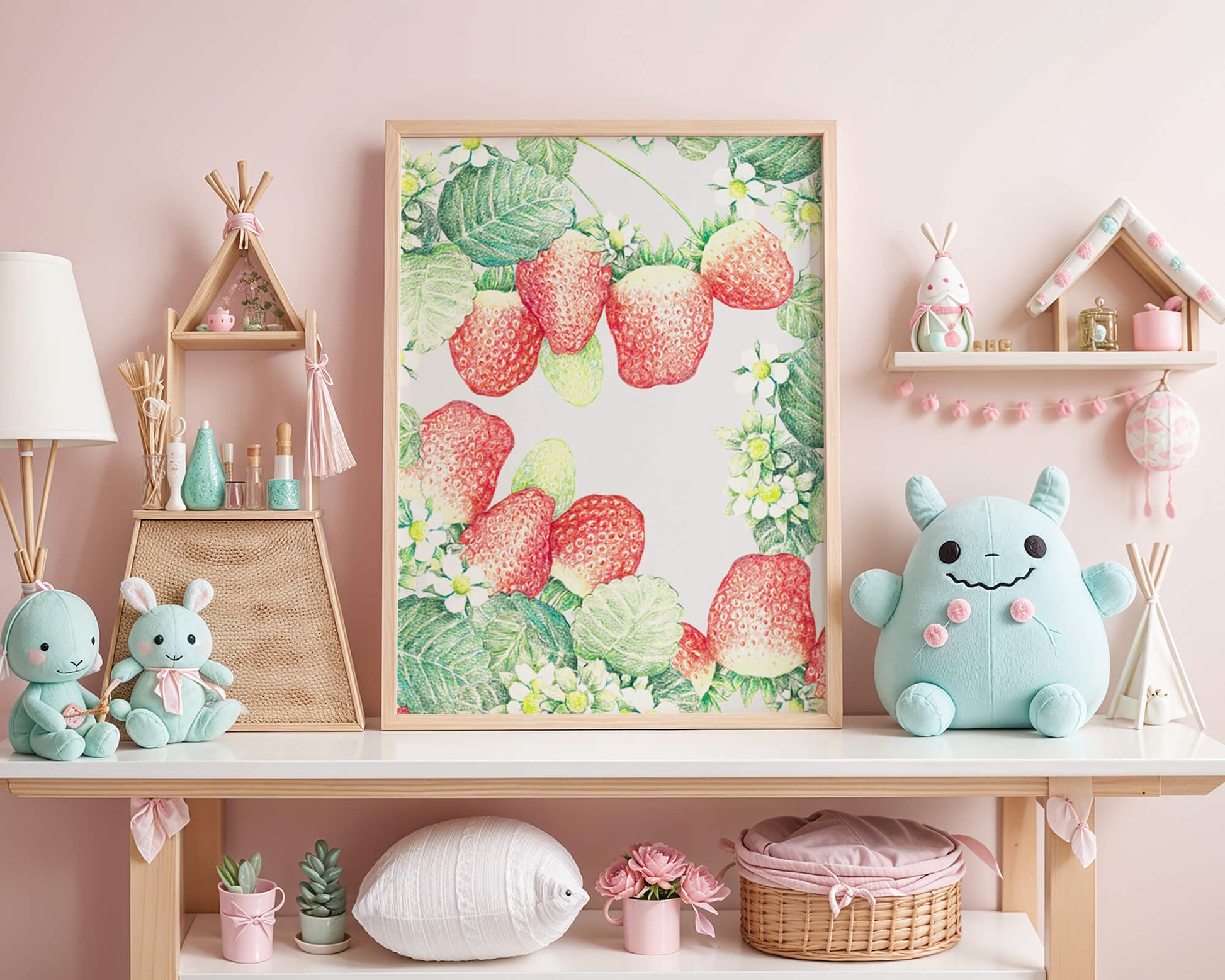 Illustration of strawberries and flowers with lush green leaves