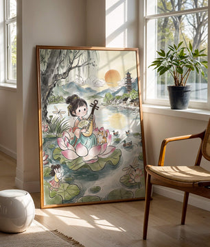 Traditional Asian Scenery with Girl Playing Instrument on Lotus Pond at Sunset