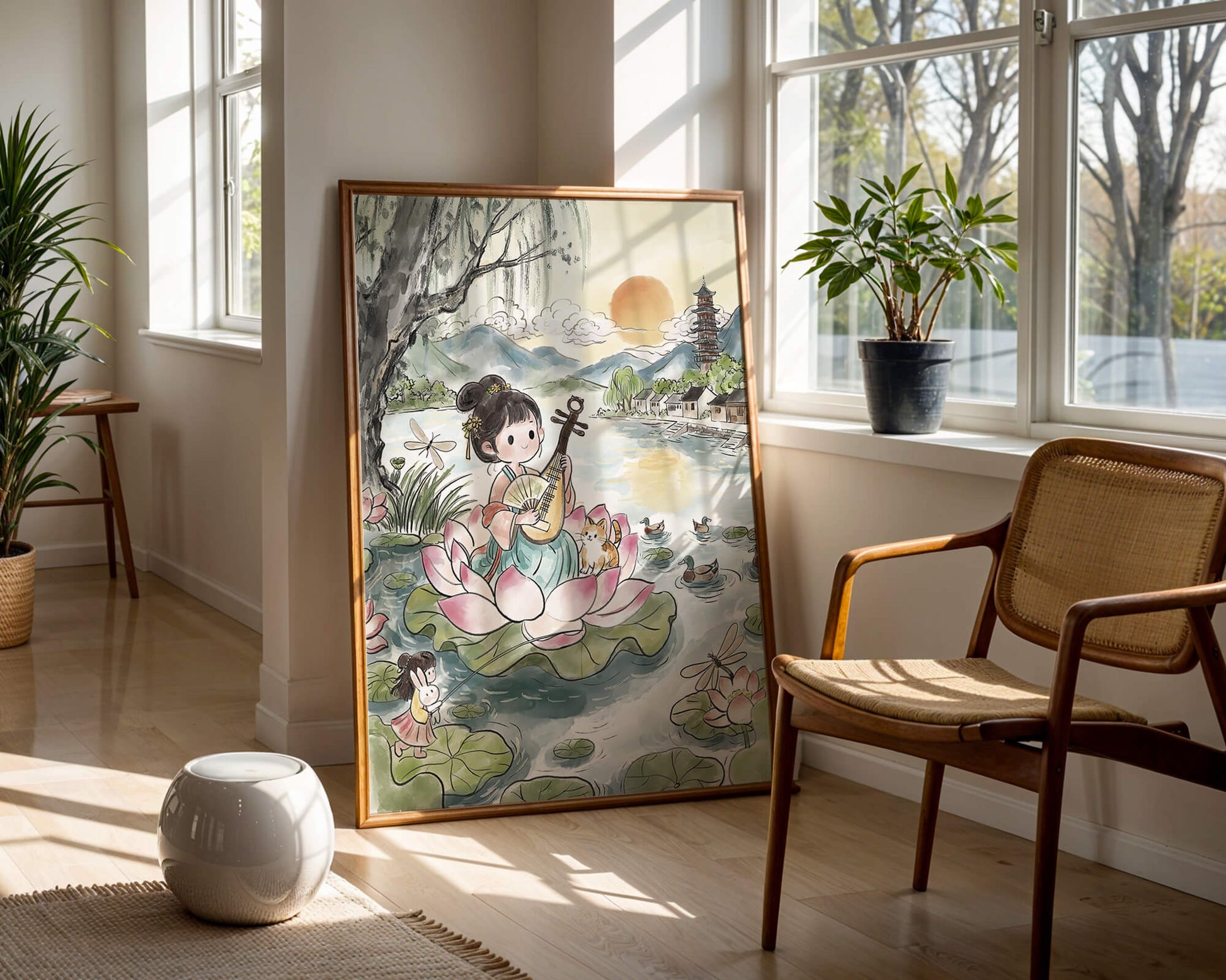 Traditional Asian Scenery with Girl Playing Instrument on Lotus Pond at Sunset