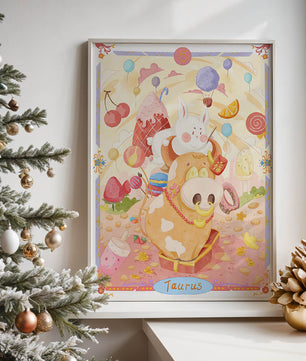 A whimsical Taurus zodiac illustration with playful animals and sweet treats