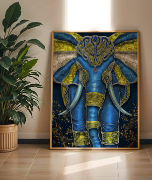 Blue and gold ornate elephant with intricate patterns