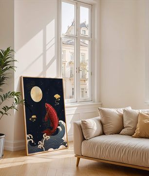 Traditional Japanese koi fish art with moonlit waves and clouds