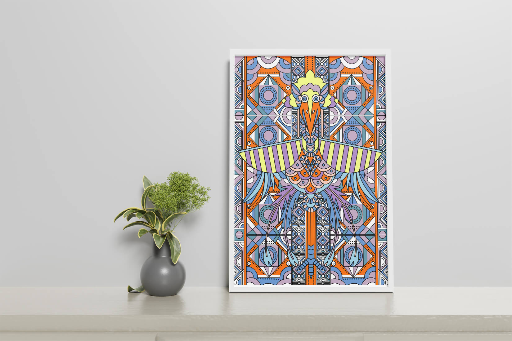 Arte geométrico de aves con patrones coloridos y detalles intrincados