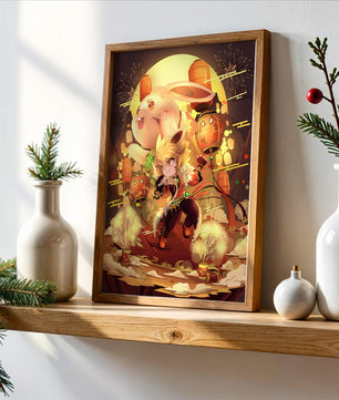 Fantasy scene with rabbit and character amid fireworks and lanterns