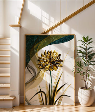 Golden flower artwork with abstract background for contemporary decor