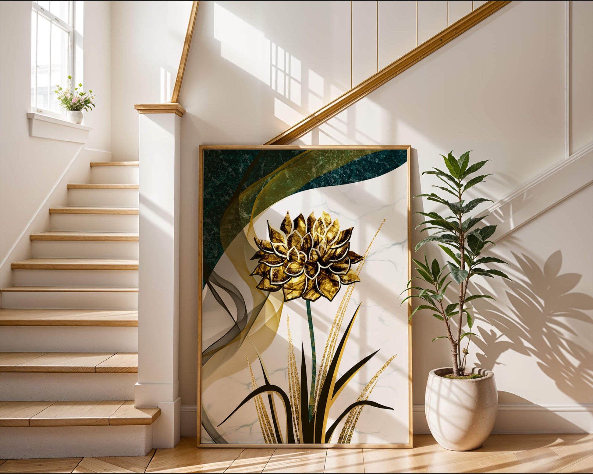 Golden flower artwork with abstract background for contemporary decor