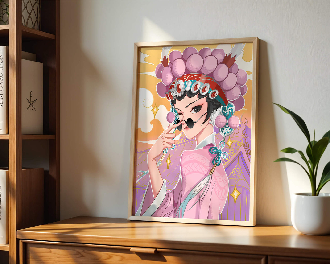 Elegant anime character in traditional attire with golden accents