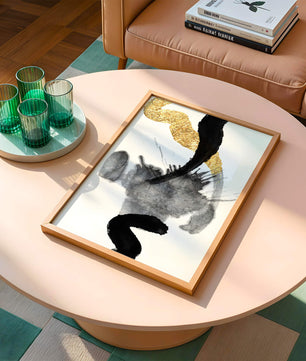Abstract black and gold brushstrokes with textured patterns