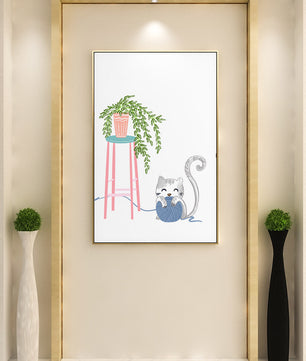Cat Playing with Yarn Beside a Potted Plant on Pink Stool - Mi tienda