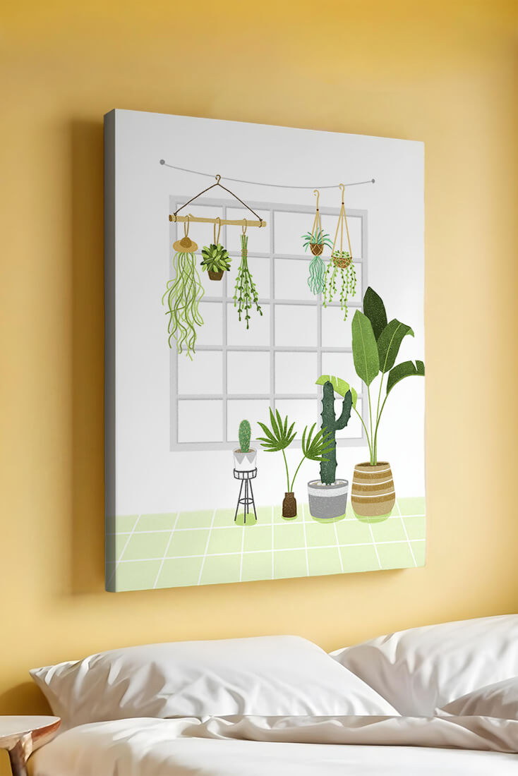 Decoración de interior con plantas colgantes y en macetas