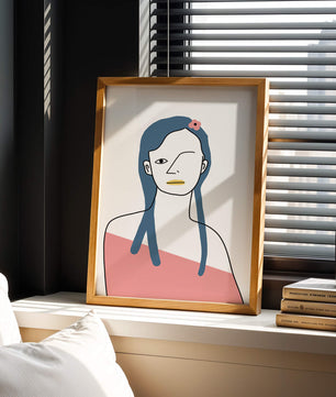 Abstract Portrait with Blue Hair and Floral Accent - Mi tienda