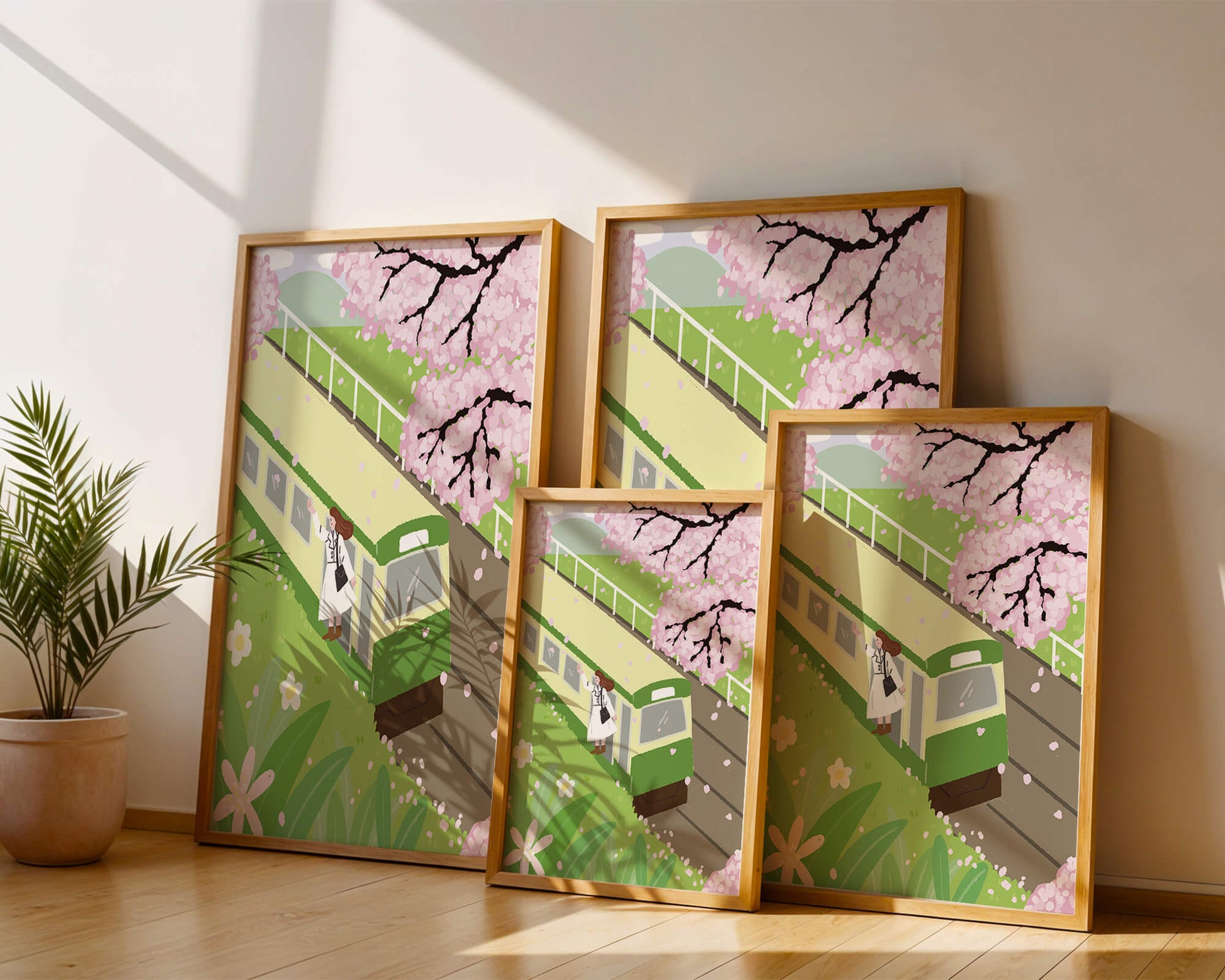 Cherry Blossoms and Train Scene in Spring Landscape